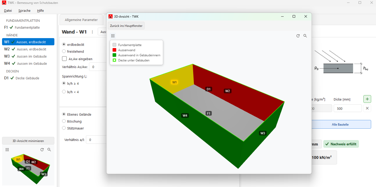 Screenshot: Bauteilparameter - maximierte 3D-Ansicht