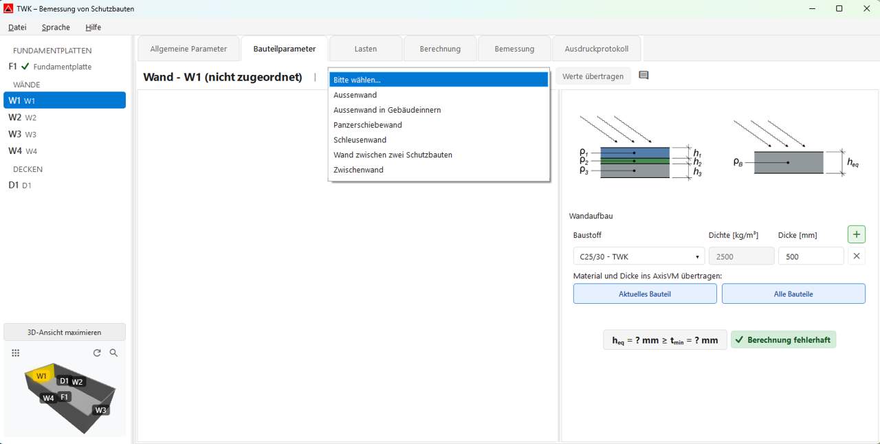 Screenshot: Tab Bauteilparameter - Start