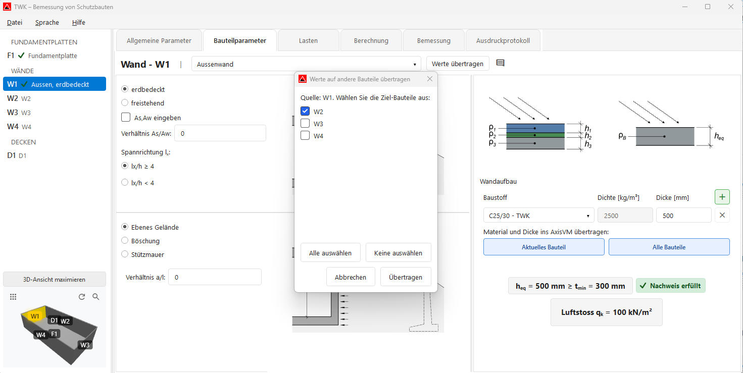 Screenshot: Tab Bauteilparameter - Werte übertragen