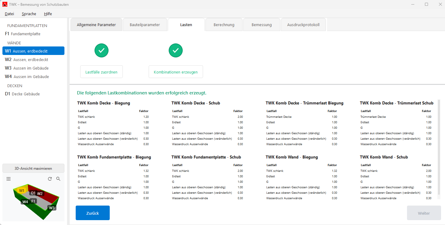 Screenshot: Lastkombinationen