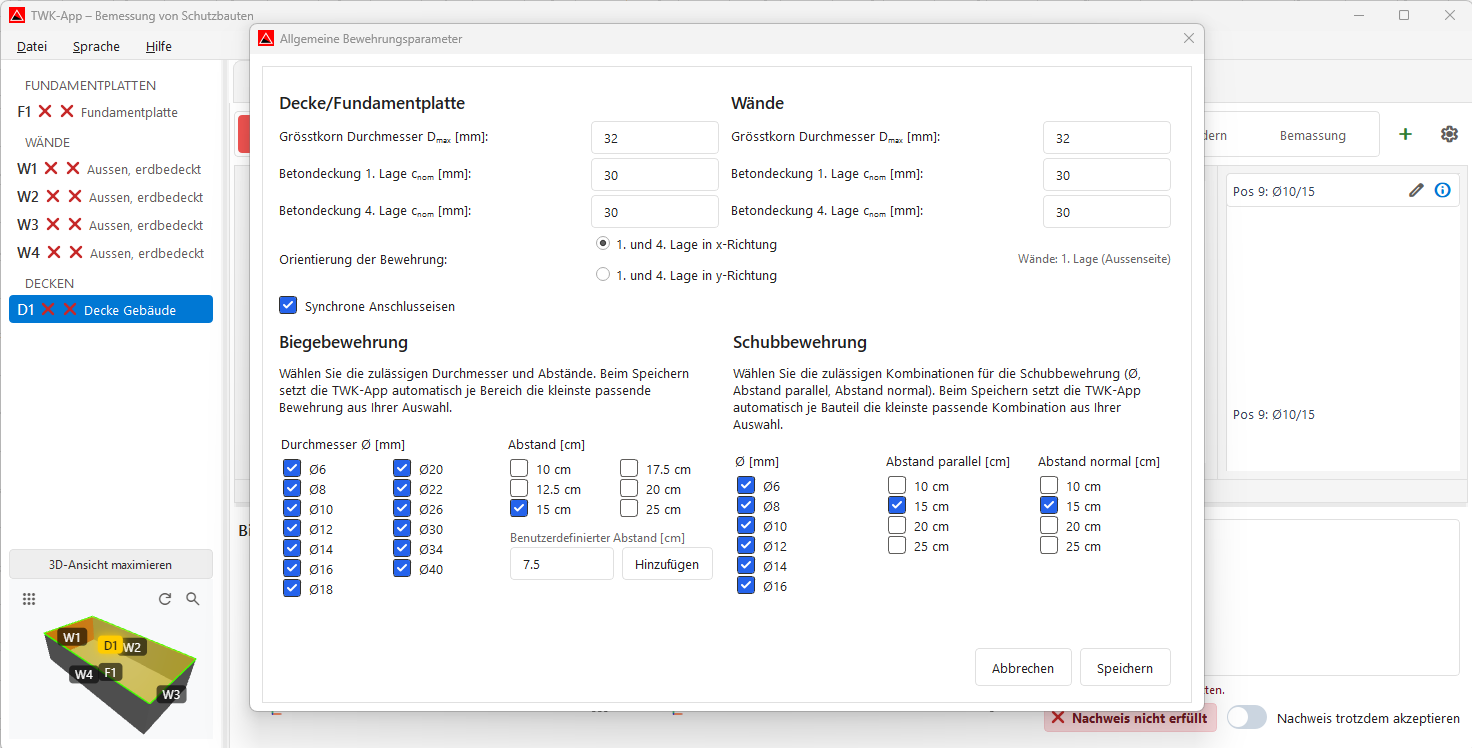 Screenshot: Allgemeine Bewehrungsparameter