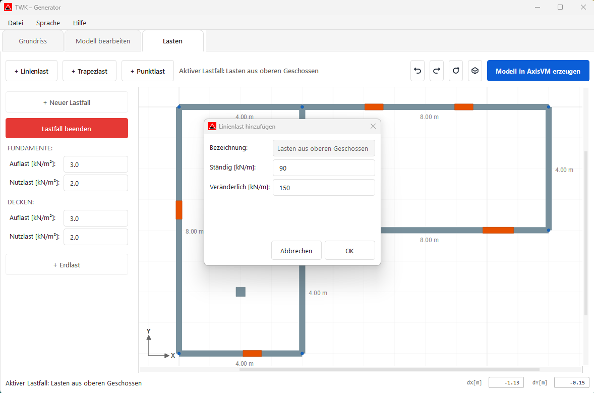 Screenshot: Linienlast hinzufügen
